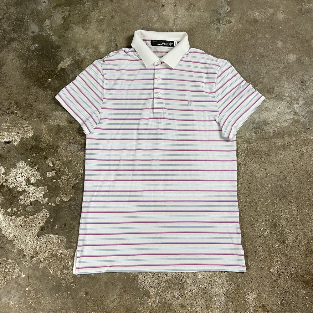 RLX Ralph Lauren Polo Shirt Size Medium White Pink Striped Golf Pony Logo